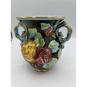 Vintage Majolica Style Vase Hand Painted Floral Black Gold 6.5” Signed